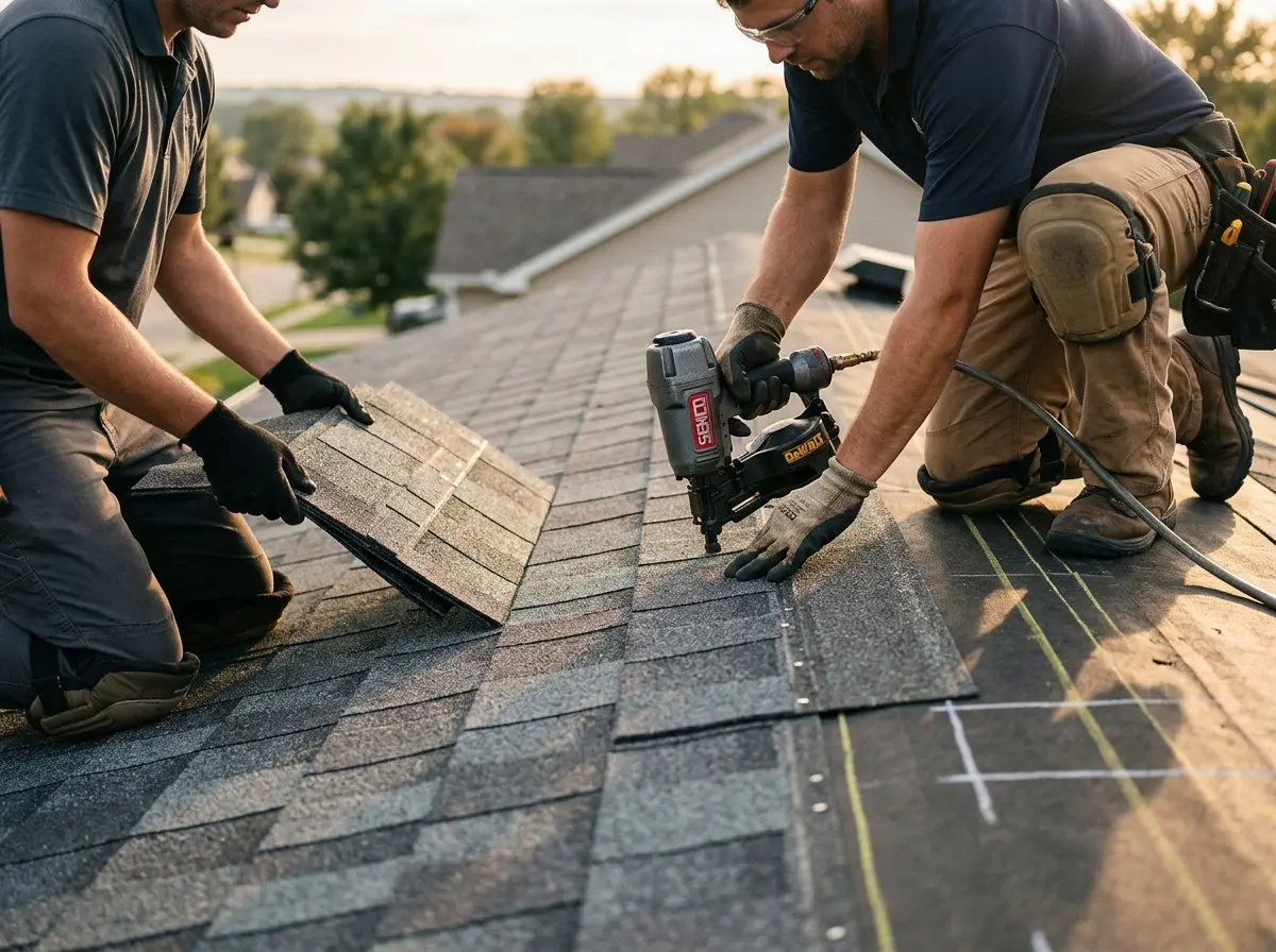 Professional roofer working on a residential roof in Pine Ridge